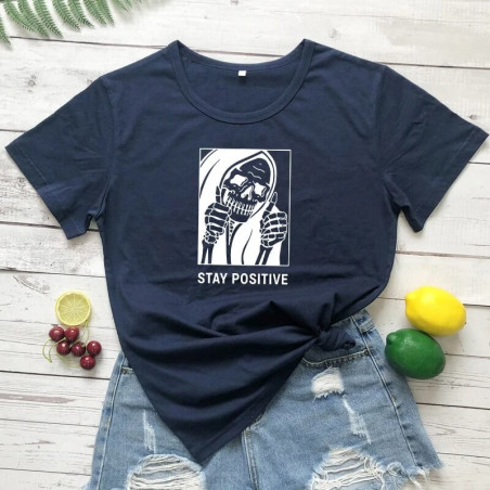 T-shirt Tête de Mort Stay Positive avec Squelette Heureux - Couleur Bleur