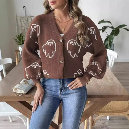 Marron Cardigan tricoté avec imprimé Petits Fantômes pour femmes