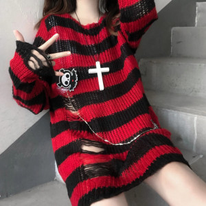 Rouge Pull en tricot à manches longues Gothique Grunge