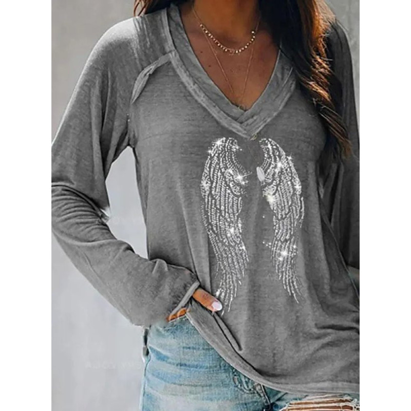 T-shirt Manches Longues Col V Gris Ailes Squelettiques d'Ange