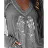 Détails T-shirt Manches Longues Col V Gris Ailes Squelettiques d'Ange