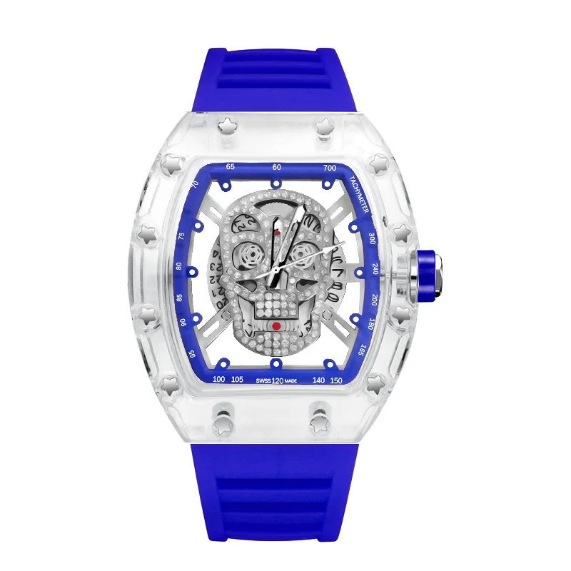 Montre Tête de Mort Chronographe Cristal Fantôme Couleur Bleu