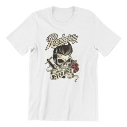 T-shirt Tête de mort Rockabilly never dies - couleur blanc