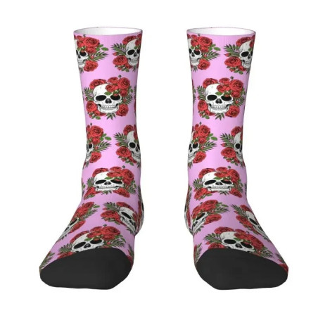 Chaussette Tête de Mort Crânes et Roses Couleur Rose
