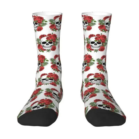 Chaussette Tête de Mort Crânes et Roses Couleur Blanc