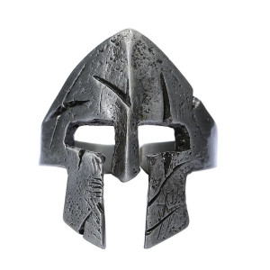 Bague Casque de Guerrier Médiéval en Acier Vieilli Couleur Argent