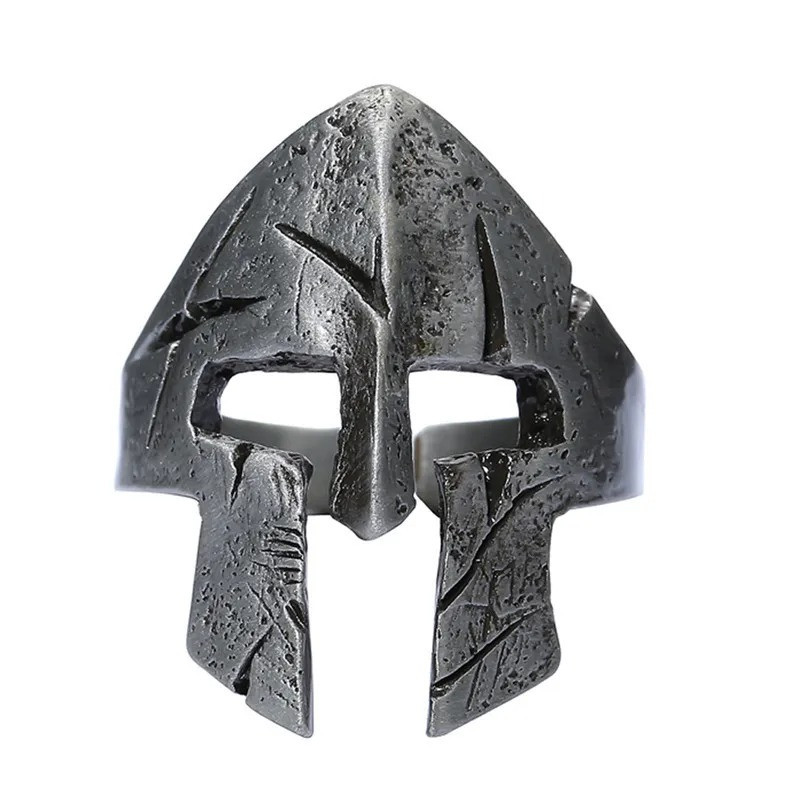 Bague Casque de Guerrier Médiéval en Acier Vieilli Couleur Argent