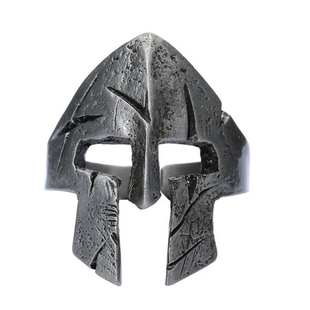 Bague Casque de Guerrier Médiéval en Acier Vieilli Couleur Argent