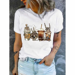 T-Shirt Crâne Macabre aux Cafés Surnaturels couleur Blanc