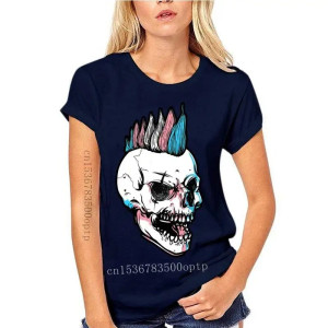 T-shirt Tête de Mort Crâne Punk à Mohawk Coloré couleur bleu marine