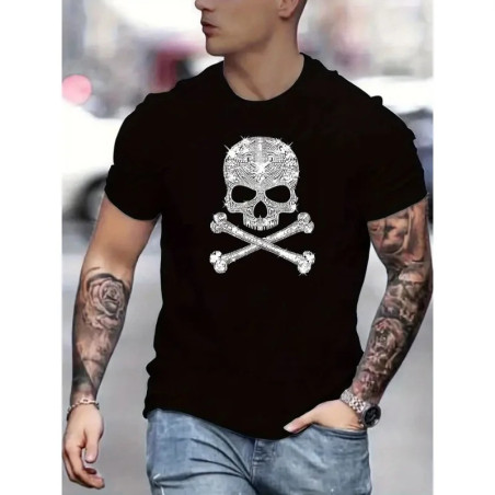 T-shirt Tête de Mort Crâne Royal avec Os Croisés Strass
