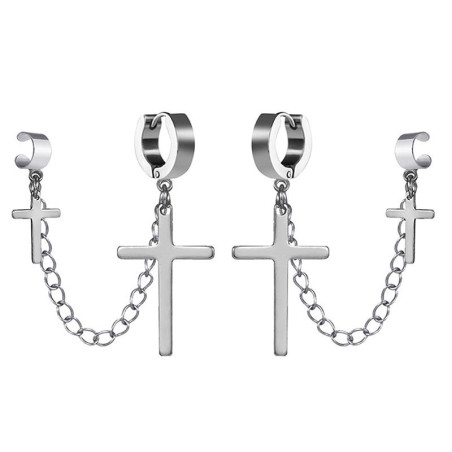 Boucles d'oreilles croix, chaînette et earcuff
