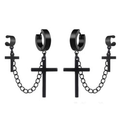 Boucles d'oreilles croix, chaînette et earcuff - couleur noir