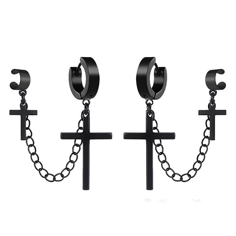 Boucles d'oreilles croix, chaînette et earcuff - couleur noir