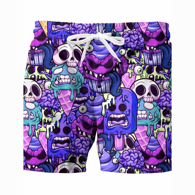 Model 4 Shorts de Bain à Motif Têtes de Mort Psychédéliques