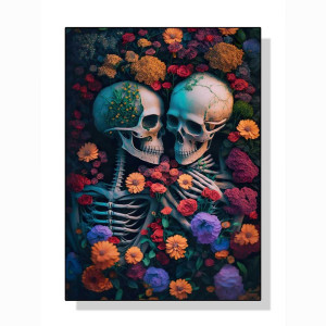 Affiche Squelettes Amoureux Enlacés par la Nature - Têtes de Mort et Fleurs