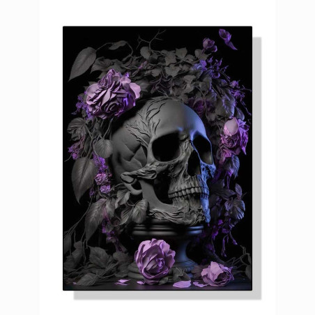 Affiche Crâne Gothique avec Roses Mauves - Étreinte de la Mort et de la Nature