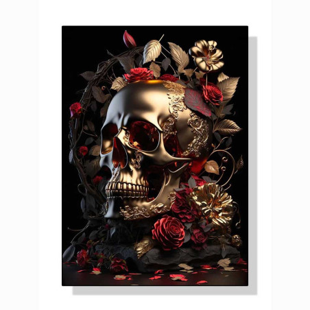 Affiche Crâne Doré Orné de Roses Rouges - Luxe Macabre et Élégance Sombre