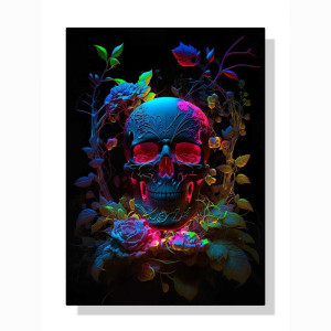 Affiche Crâne Néon avec Fleurs - Fusion Psychédélique de Lumière et de Ténèbres