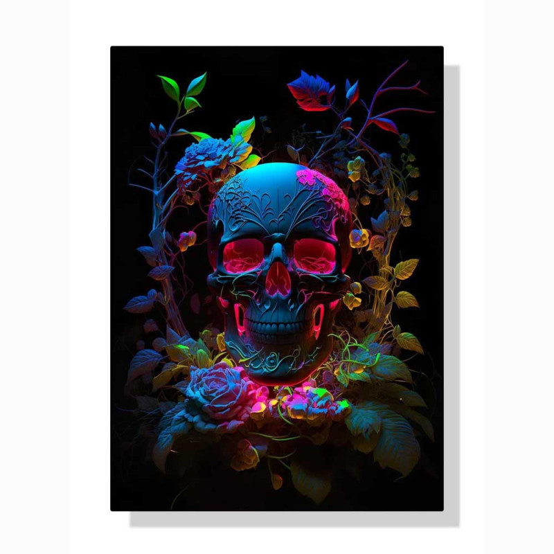 Affiche Crâne Néon avec Fleurs - Fusion Psychédélique de Lumière et de Ténèbres