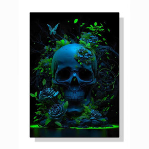 Affiche Crâne Sombre avec Éclat Vert Fluo - Harmonie Mystique entre Mort et Nature