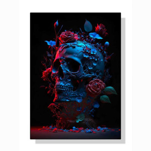 Affiche Crâne Bicolore avec Roses - Duel Énigmatique entre Rouge et Bleu