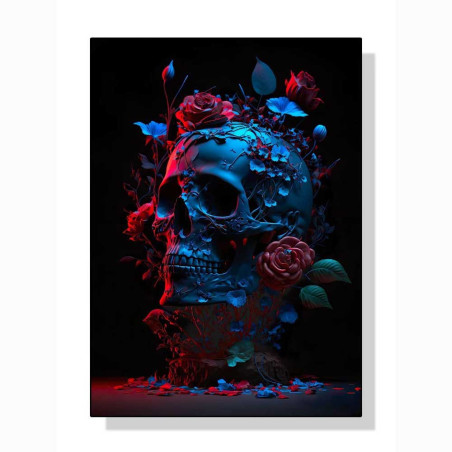 Affiche Crâne Bicolore avec Roses - Duel Énigmatique entre Rouge et Bleu