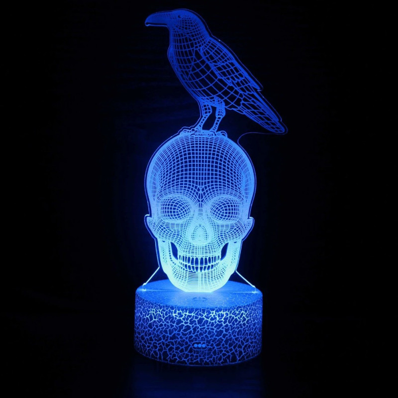 Lampe 3D LED Veilleuse Spectrale Crâne & Corbeau - Éclairage Multicolore Télécommandé