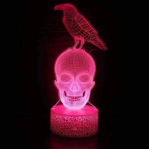 Lampe 3D LED Veilleuse Spectrale Crâne & Corbeau - Éclairage Multicolore Télécommandé