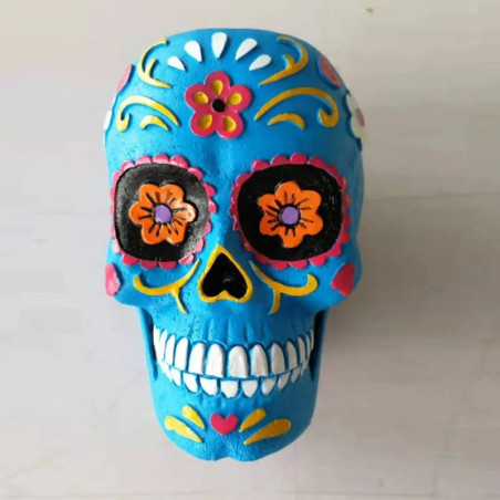Pot de Fleur Crâne Décoratif Tête de Mort Mexicaine Calavera Colorée couleur bleu