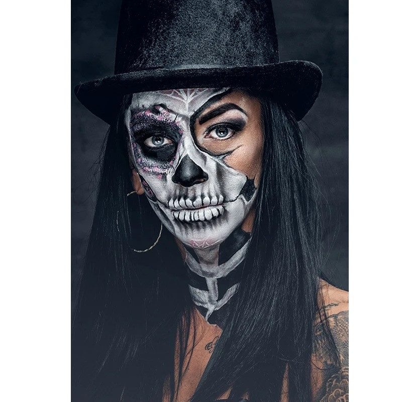 Tableau Tête de Mort Femme avec Chapeau Haut-de-Forme - Regard Envoûtant
