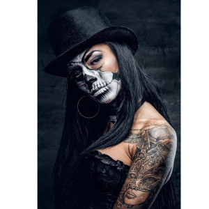 Tableau Tête de Mort Look Gothique avec Chapeau Haut-de-Forme - Mystère et Élégance Sombre