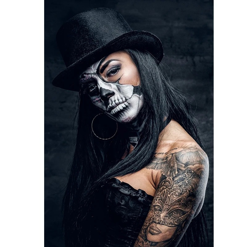 Tableau Tête de Mort Look Gothique avec Chapeau Haut-de-Forme - Mystère et Élégance Sombre