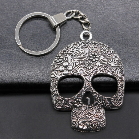 Porte-clés Tête de Mort Floral Antique couleur Argent