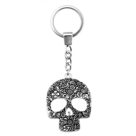 Porte-clés Tête de Mort Floral Antique de couleur Argent