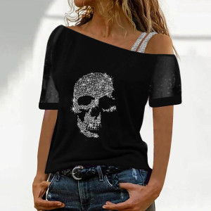 T-shirt Glam Rock avec Crâne en Strass