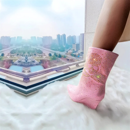Vue Arrière Bottines Tête de Mort Pirates et Strass Couleur Rose