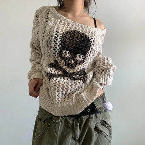 Magnifique Pull Tête de Mort Tricot Gothique Décontracté