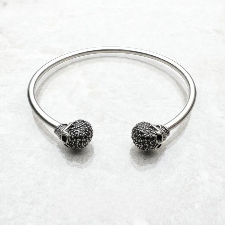 Bracelet Tête de Mort ouvert avec  Crânes' Éclat Obscur' Argent Sterling 925 véritable