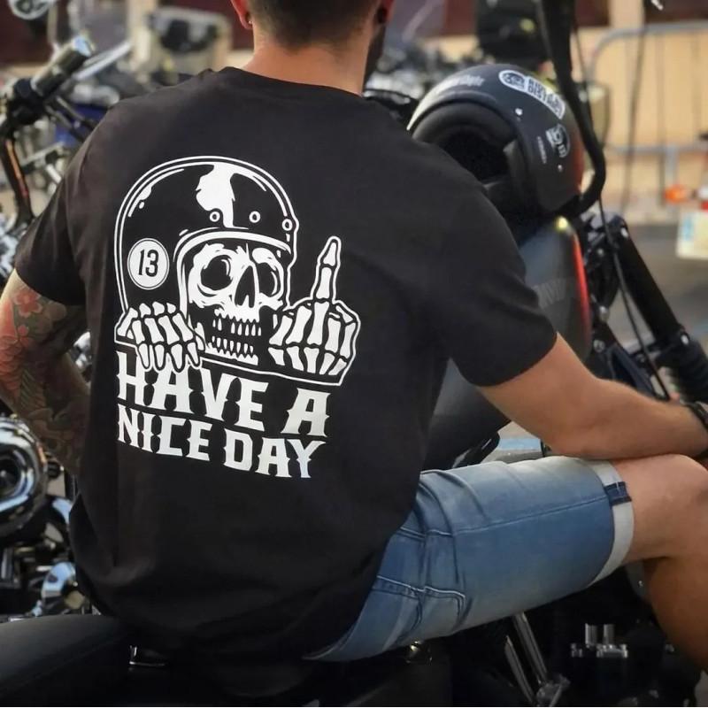 T-shirt Motard Tête de Mort Have a Nice Day - Couleur noir