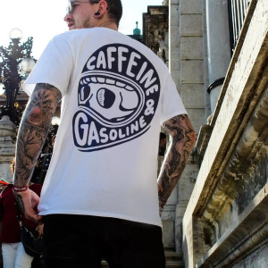 T-shirt Tête de Mort Motard Caffeine & Gasoline Couleur Blanc