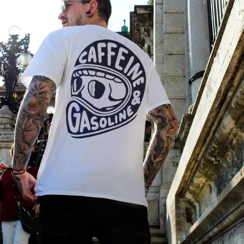 T-shirt Tête de Mort Motard Caffeine & Gasoline Couleur Blanc