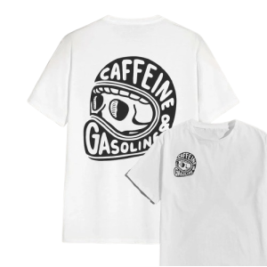 T-shirt Tête de Mort Motard Caffeine & Gasoline de Couleur Blanc