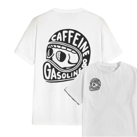 T-shirt Tête de Mort Motard Caffeine & Gasoline de Couleur Blanc