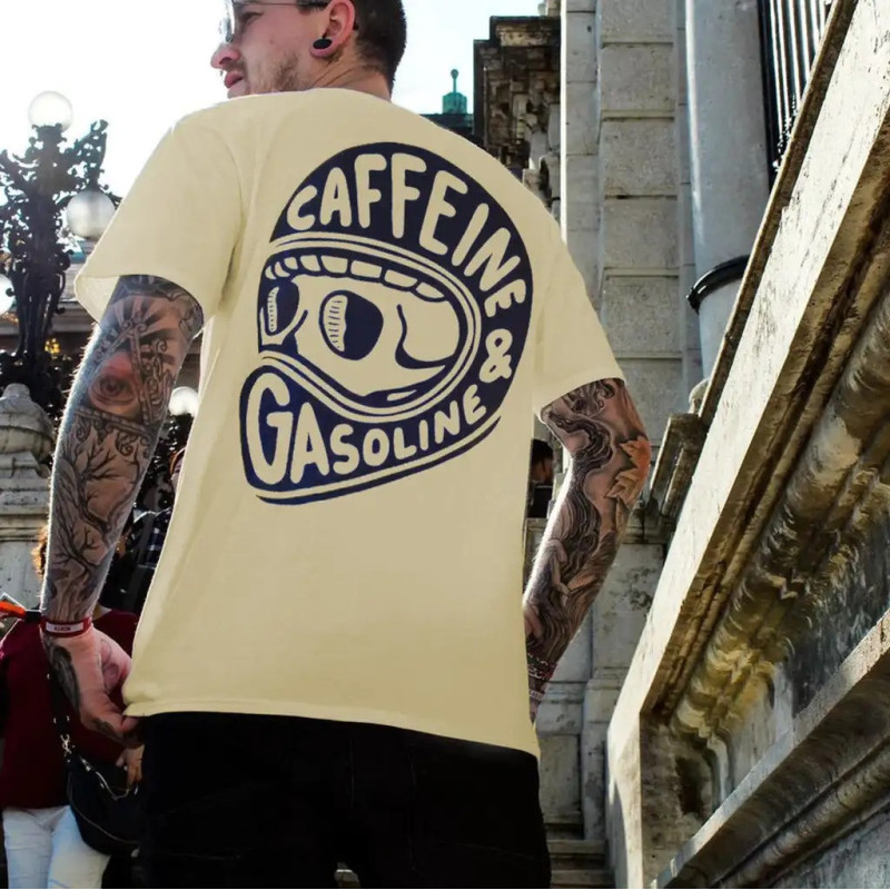 T-shirt Tête de Mort Motard Caffeine & Gasoline Beige de Couleur Beige