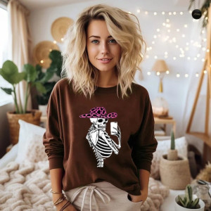 Sweatshirt Tête de Mort 'Selfie Cowgirl' - couleur marron café