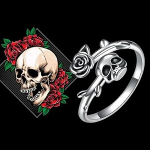 Magnifique Bague Tête de Mort Rose Skull Épine Noire