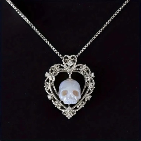 Collier Tête de Mort Baroque 'Cœur Sombre' - couleur argent