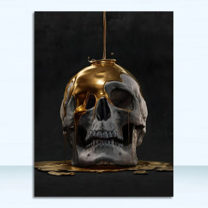Tableau Crâne Macabre avec Coulée de Métal Doré