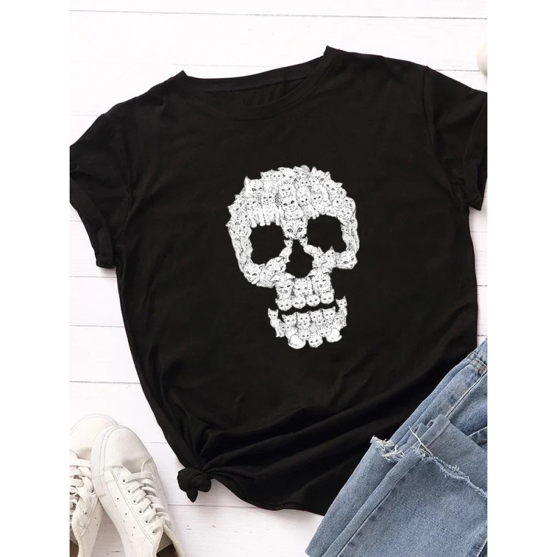 T-shirt Tête de Mort Chats pour femme - couleur noir